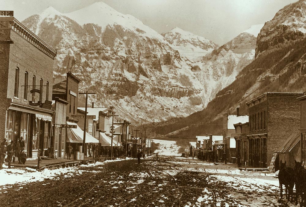 Historical Photo of the Town of Telluride Colorado Avenue with view of Ajax